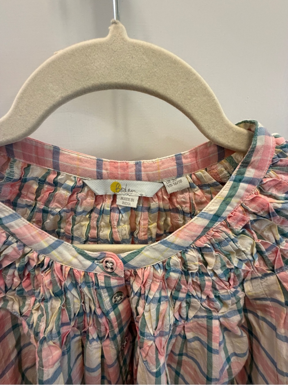 Boden Smocking Detail Blouse in Soft Ivory Pink Check - Picture 5 of 5
